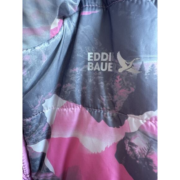 Eddie Bauer Down Puffer fleece Camo Pink Gray Reversible Jacket Girls 14/16 NWT - Picture 9 of 11